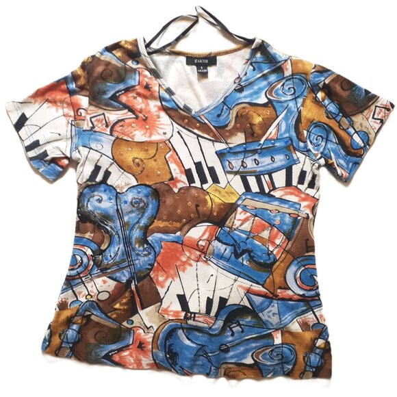 Top Kaktus S Multicolor Jersey Women Short-Sleeve Musical Pattern V-Neck - Picture 1 of 8